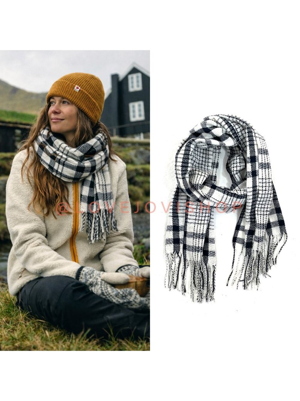 Cabincore | Classic Navy and White Checkered Plaid Scarf | One Size Boutique
